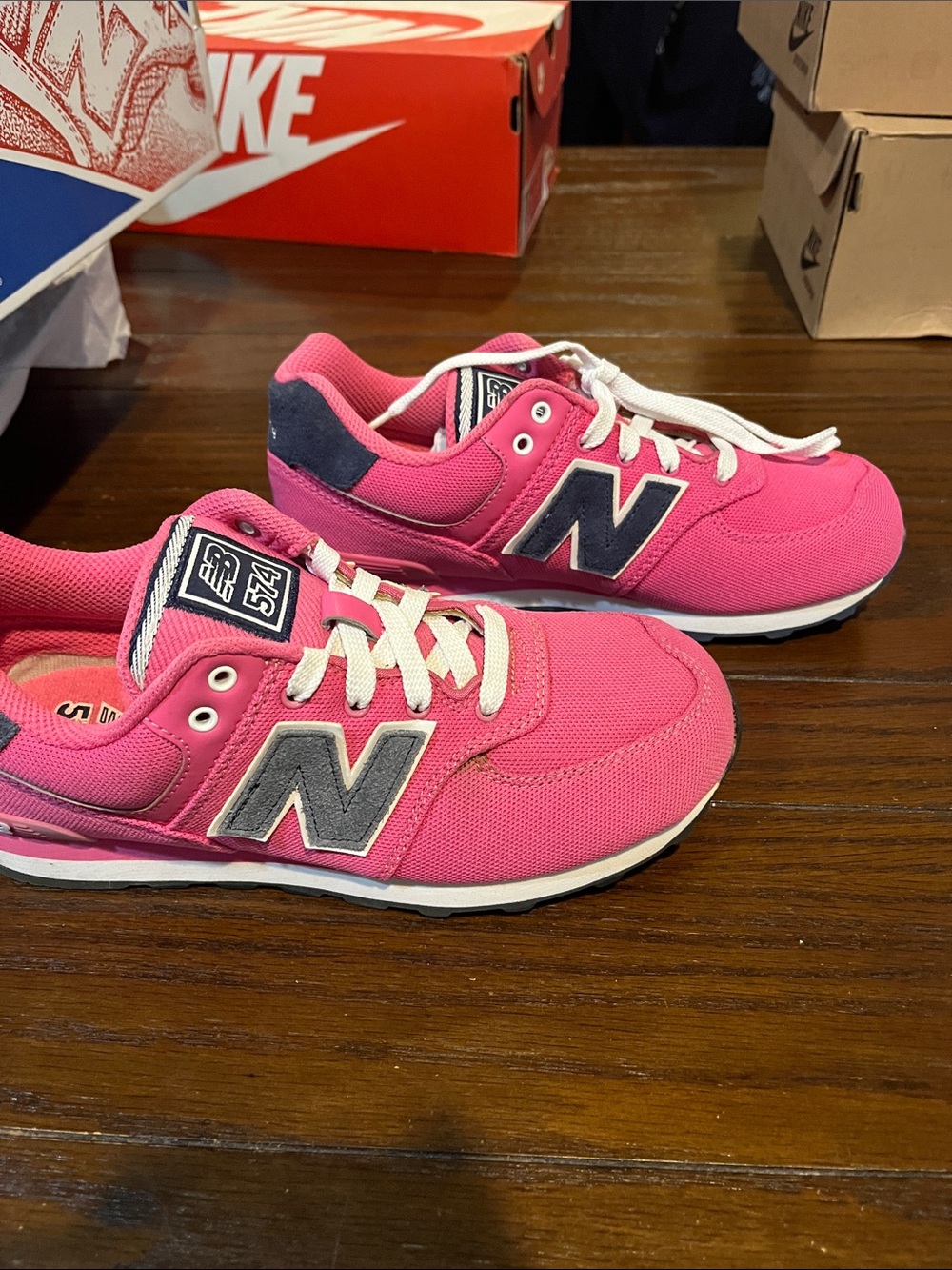 New Balance Kids Pink and Navy 574 Retro Sneakers